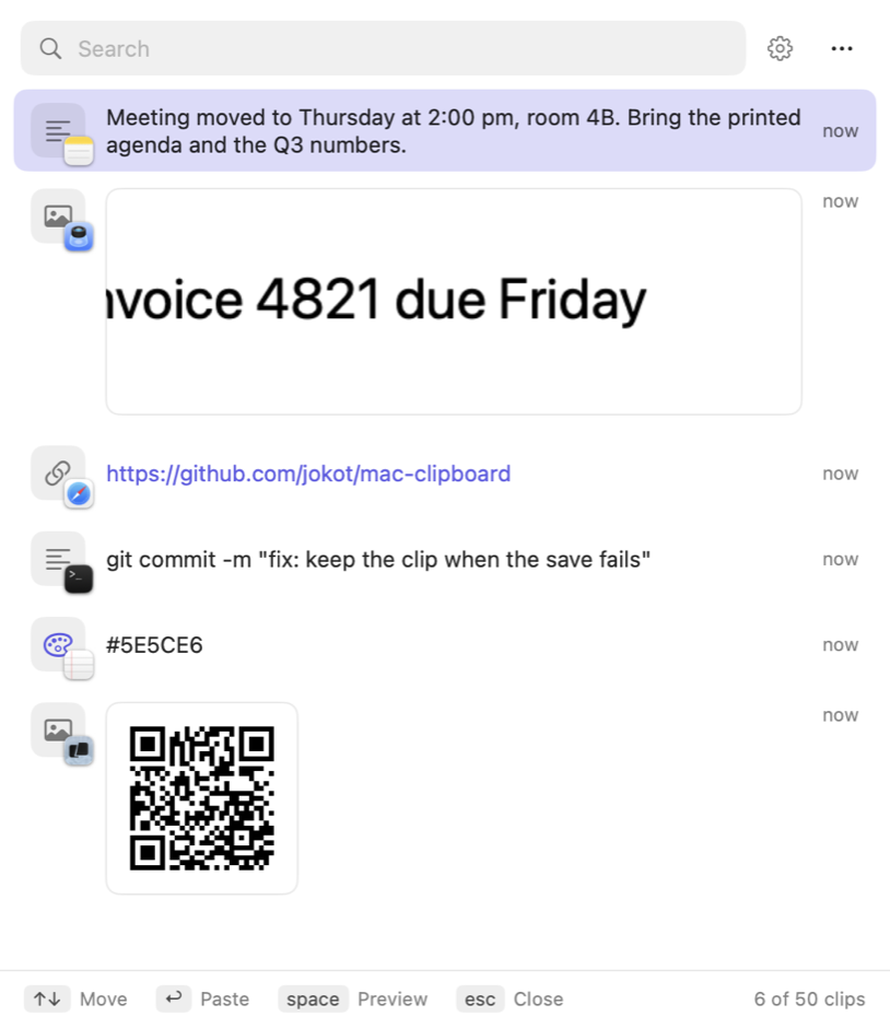 The MaClip clip window: a search field, then clips from Notes, Preview, Safari, Terminal and TextEdit, and a hint bar with the keys.